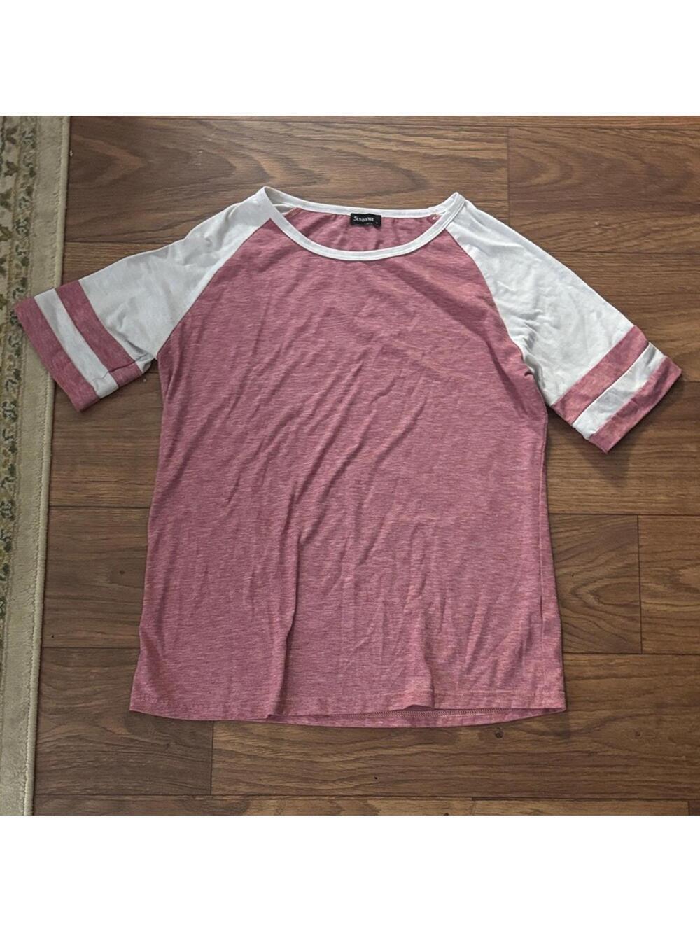 Red/Pink and White Raglan Sleeve Tee with Stripe Detail Baseball Casual